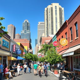 A vibrant urban street scene bustling with life, featuring a diverse group of people engaging in various activities