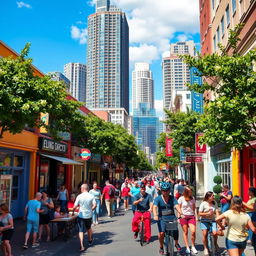 A vibrant urban street scene bustling with life, featuring a diverse group of people engaging in various activities