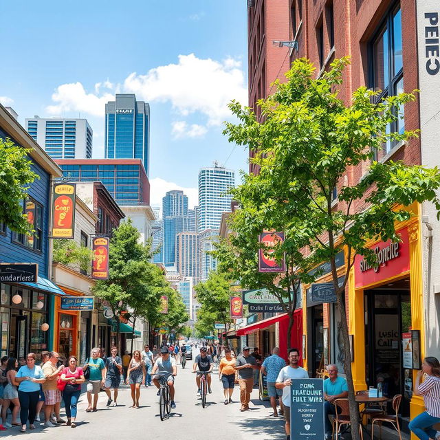 A vibrant urban street scene bustling with life, featuring a diverse group of people engaging in various activities