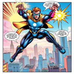 A vibrant comic book scene featuring a heroic character in an action pose