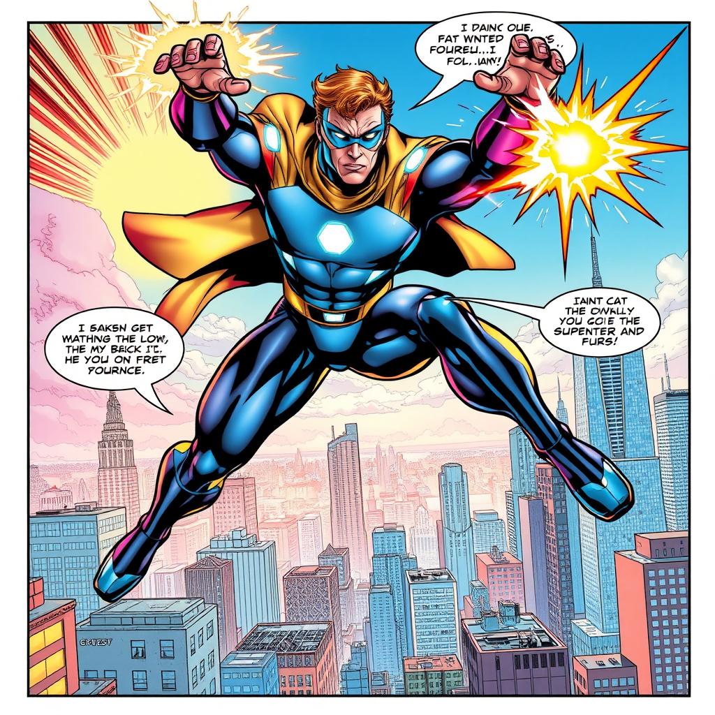 A vibrant comic book scene featuring a heroic character in an action pose