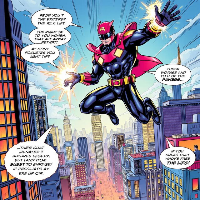 A vibrant comic book scene featuring a heroic character in an action pose