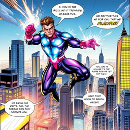A vibrant comic book scene featuring a heroic character in an action pose