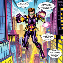 A vibrant comic book scene featuring a heroic character in an action pose