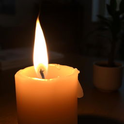 A close-up view of a glowing candle flame, casting warm light in a dimly lit room