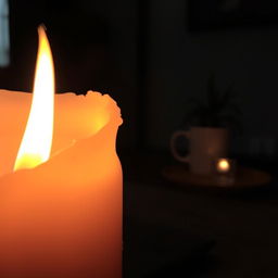 A close-up view of a glowing candle flame, casting warm light in a dimly lit room