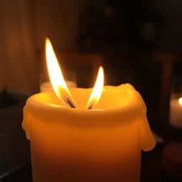 A close-up view of a glowing candle flame, casting warm light in a dimly lit room