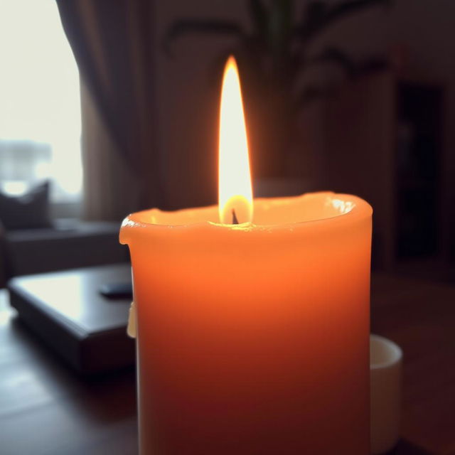 A close-up view of a glowing candle flame, casting warm light in a dimly lit room