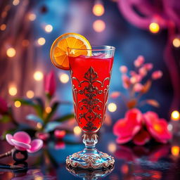 A vibrant red drink served in an ornate, fantasy-style glass, embellished with intricate designs and shimmering details