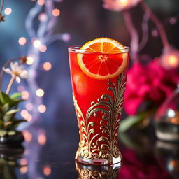 A vibrant red drink served in an ornate, fantasy-style glass, embellished with intricate designs and shimmering details
