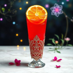 A vibrant red drink served in an ornate, fantasy-style glass, embellished with intricate designs and shimmering details