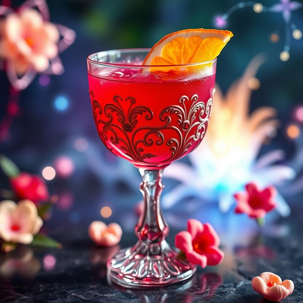 A vibrant red drink served in an ornate, fantasy-style glass, embellished with intricate designs and shimmering details