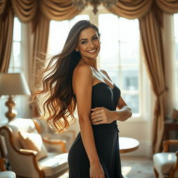 A full-body portrait of a confident and attractive woman standing in a luxurious, softly lit room