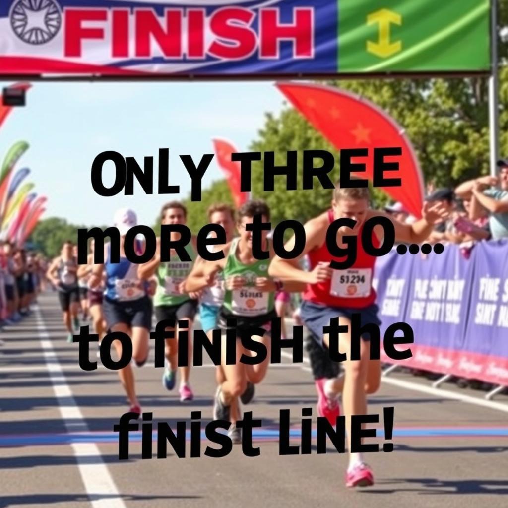 A vibrant and energetic photo depicting a motivational scene at a race finish line, featuring runners sprinting towards the finish with expressions of determination and excitement