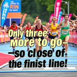 A vibrant and energetic photo depicting a motivational scene at a race finish line, featuring runners sprinting towards the finish with expressions of determination and excitement