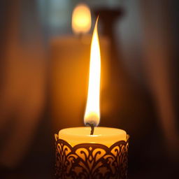 A close-up of a lit candle with a vibrant, flickering flame that casts a warm glow