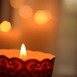 A close-up of a lit candle with a vibrant, flickering flame that casts a warm glow