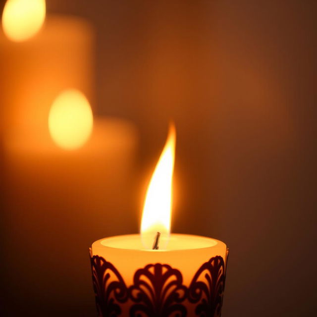 A close-up of a lit candle with a vibrant, flickering flame that casts a warm glow