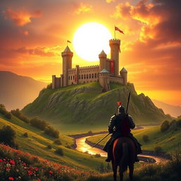 A majestic medieval castle perched atop a rugged hill, bathed in the warm, golden hues of a sunset sky