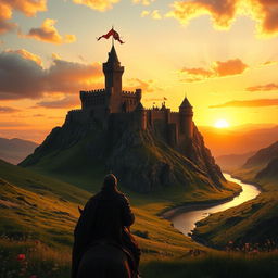 A majestic medieval castle perched atop a rugged hill, bathed in the warm, golden hues of a sunset sky