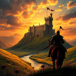 A majestic medieval castle perched atop a rugged hill, bathed in the warm, golden hues of a sunset sky