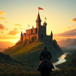 A majestic medieval castle perched atop a rugged hill, bathed in the warm, golden hues of a sunset sky