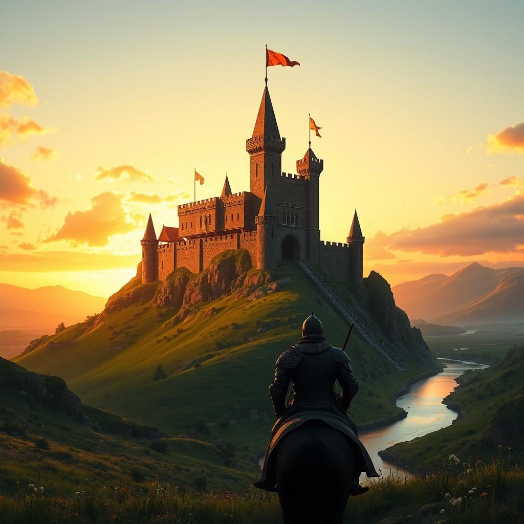 A majestic medieval castle perched atop a rugged hill, bathed in the warm, golden hues of a sunset sky