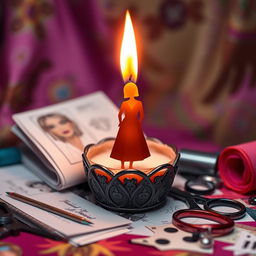 A creatively designed candle featuring an artistically shaped flame that resembles the silhouette of a fashion designer or stylist