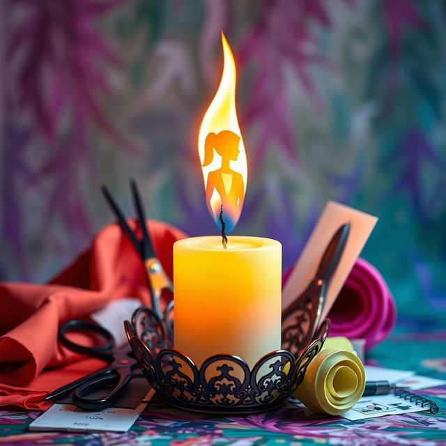 A creatively designed candle featuring an artistically shaped flame that resembles the silhouette of a fashion designer or stylist