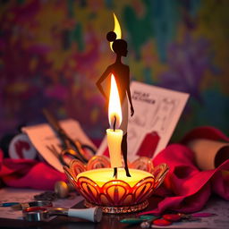 A creatively designed candle featuring an artistically shaped flame that resembles the silhouette of a fashion designer or stylist