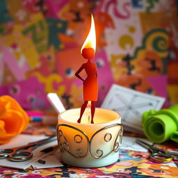 A creatively designed candle featuring an artistically shaped flame that resembles the silhouette of a fashion designer or stylist