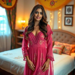 A beautiful woman wearing a stunning desi night dress, elegantly designed with intricate embroidery and vibrant colors