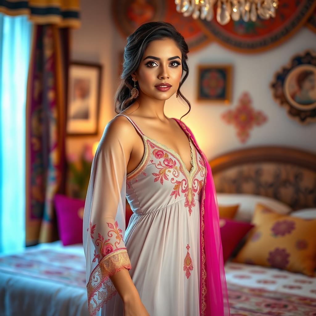 A beautiful woman wearing a stunning desi night dress, elegantly designed with intricate embroidery and vibrant colors