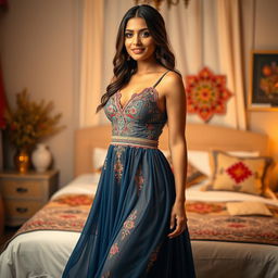 A beautiful woman wearing a stunning desi night dress, elegantly designed with intricate embroidery and vibrant colors