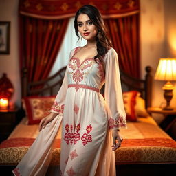 A beautiful woman wearing a stunning desi night dress, elegantly designed with intricate embroidery and vibrant colors