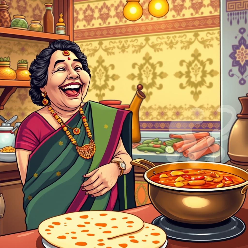 A humorous scene featuring a vivacious Desi aunty, dressed in a colorful saree with traditional jewelry, laughing heartily while cooking in her vibrant kitchen filled with spices and vegetables