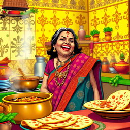 A humorous scene featuring a vivacious Desi aunty, dressed in a colorful saree with traditional jewelry, laughing heartily while cooking in her vibrant kitchen filled with spices and vegetables