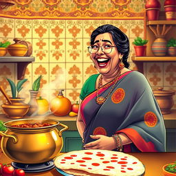A humorous scene featuring a vivacious Desi aunty, dressed in a colorful saree with traditional jewelry, laughing heartily while cooking in her vibrant kitchen filled with spices and vegetables