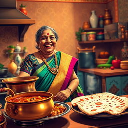 A humorous scene featuring a vivacious Desi aunty, dressed in a colorful saree with traditional jewelry, laughing heartily while cooking in her vibrant kitchen filled with spices and vegetables