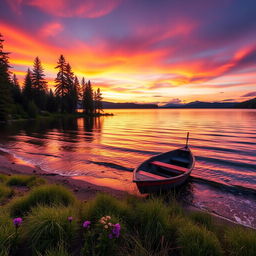 A stunningly beautiful sunset over a serene lake, with vibrant colors of orange, pink, and purple reflecting off the water