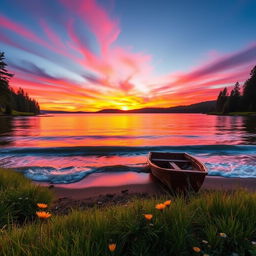 A stunningly beautiful sunset over a serene lake, with vibrant colors of orange, pink, and purple reflecting off the water