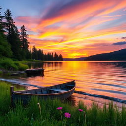 A stunningly beautiful sunset over a serene lake, with vibrant colors of orange, pink, and purple reflecting off the water