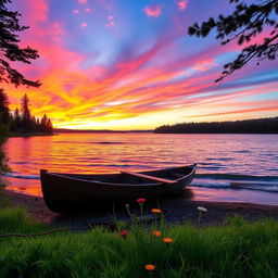 A stunningly beautiful sunset over a serene lake, with vibrant colors of orange, pink, and purple reflecting off the water