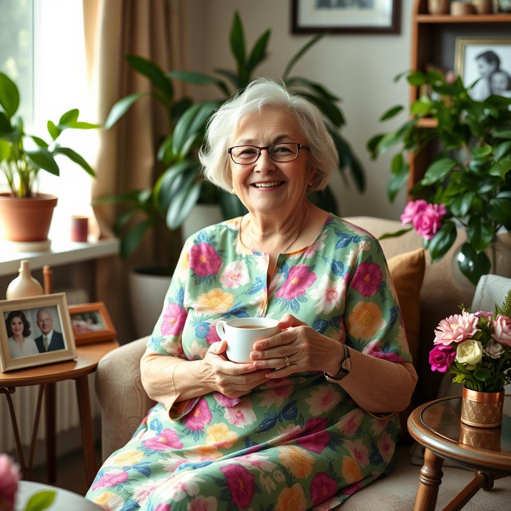 A cheerful and warm-hearted aunt, dressed in a colorful floral dress, sitting in a cozy living room filled with plants and family pictures