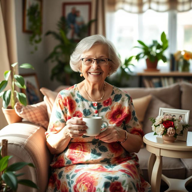 A cheerful and warm-hearted aunt, dressed in a colorful floral dress, sitting in a cozy living room filled with plants and family pictures