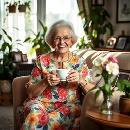 A cheerful and warm-hearted aunt, dressed in a colorful floral dress, sitting in a cozy living room filled with plants and family pictures