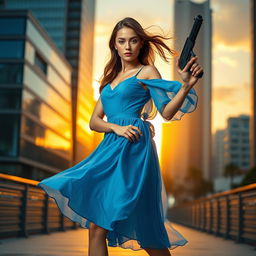 A young woman wearing a flowing blue dress stands confidently with a stylish gun in her right hand