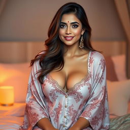 A beautiful desi aunty wearing elegant and stylish nightwear, with soft fabric that drapes gracefully