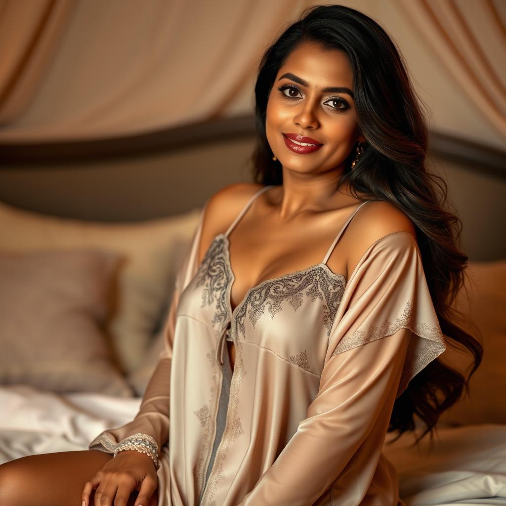 A beautiful desi aunty wearing elegant and stylish nightwear, with soft fabric that drapes gracefully