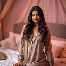 A beautiful desi aunty wearing elegant and stylish nightwear, with soft fabric that drapes gracefully